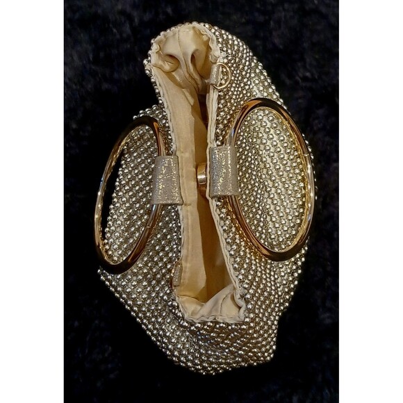 Jessica McClintock Gold Pearl Evening Bag Snap Satin-Lined Wristlet Glamour Chic - Picture 2 of 9